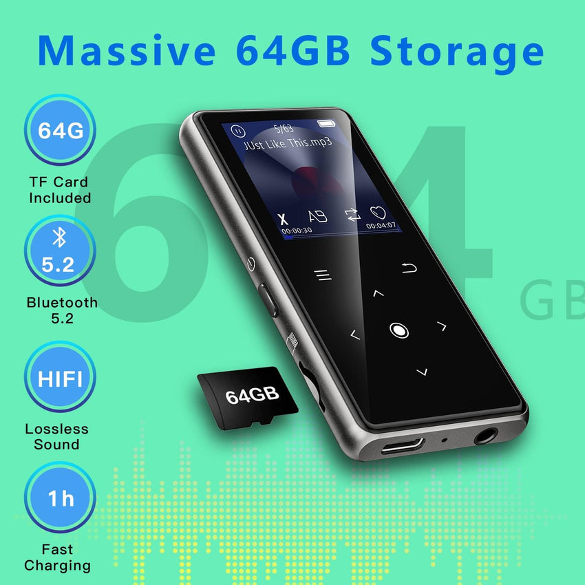 128GB MP3 Player with Bluetooth 5.2, AiMoonsa Music Player with Built-in HD Speaker, FM Radio, Voice Recorder, HiFi Sound, E-Book Function, Earphones Included
