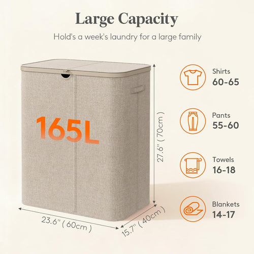 Laundry Basket 165L with Lid 3 Compartments Divider Beige