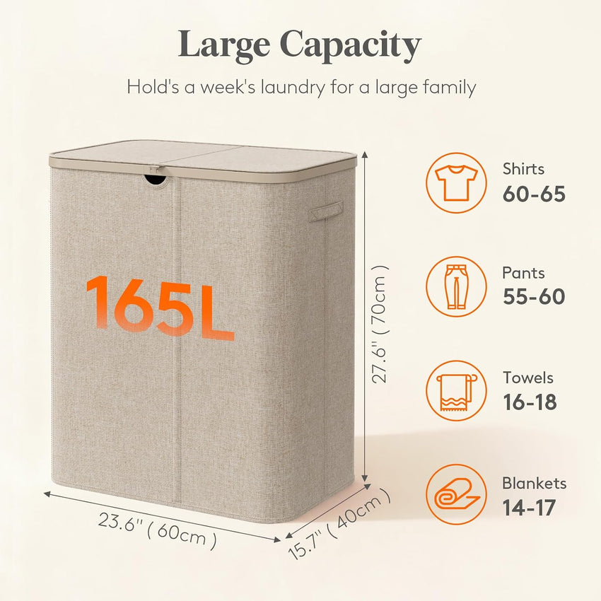 Laundry Basket 165L with Lid 3 Compartments Divider Beige