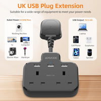 Double Plug Adaptor with USB, 2 Way Wall Adapter with Short Extension Lead, Multi Plug Socket Extender For Home Office (Black)