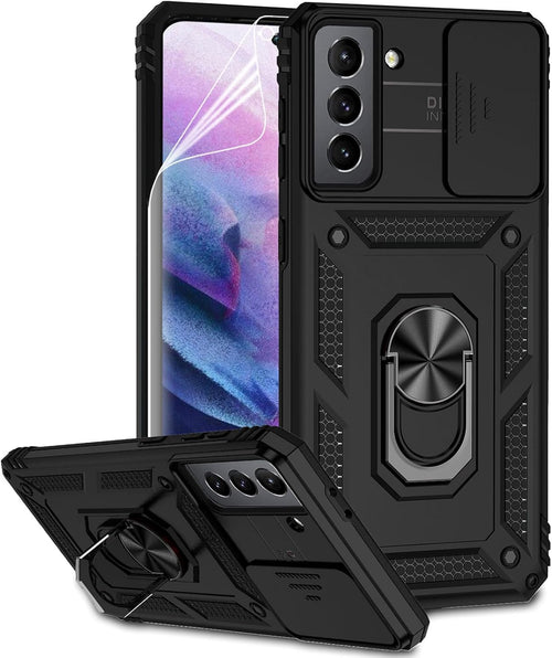 for Samsung Galaxy S21 Plus Case with Camera Lens Cover HD Screen Protector, Military-Grade Drop Tested Magnetic Ring Holder Kickstand Protective Phone Case for Samsung Galaxy S21+ Plus 5G (Black)