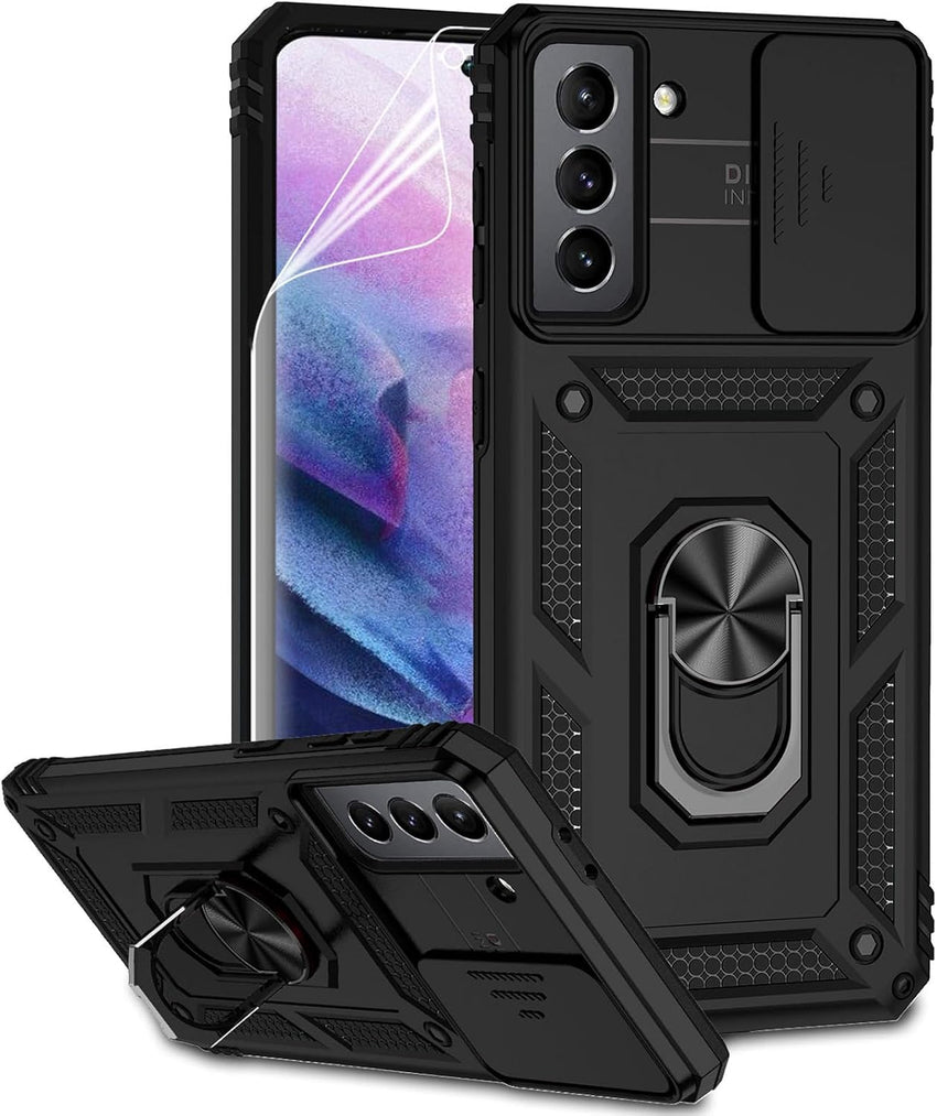 for Samsung Galaxy S21 Plus Case with Camera Lens Cover HD Screen Protector, Military-Grade Drop Tested Magnetic Ring Holder Kickstand Protective Phone Case for Samsung Galaxy S21+ Plus 5G (Black)