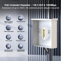 YuLinca 4 Port Gigabit PoE Extender with 1 PoE in 3 PoE Out, IEEE 802.3 af/at 30W PoE Repeater with 10/100/1000Mbps, Wall and Din Rail Mount PoE Passthrough Switch