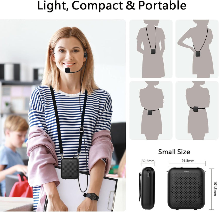 NORWII S358 Portable 4000mAh Rechargeable Voice Amplifier with Wired Microphone Headset & Waistband, Personal Microphone and Speaker for Teachers Tour Guides ect. (Black)