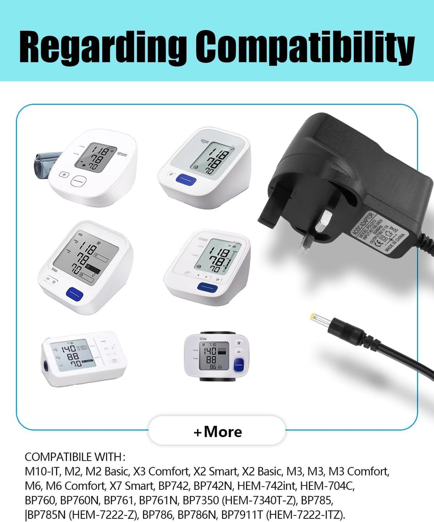 6V Charger for Omron Blood Pressure Monitor M2 M3 M4 M6 M7 X3 Comfort X2 Basic X2 Smart X7 Smart, 6V UK Charger Power Adapter for Omron Upper Arm Blood Pressure Monitors M500 M400 M10-IT