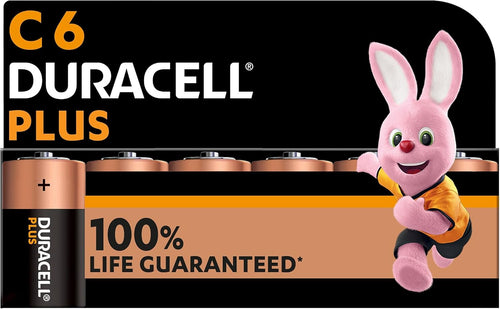 Duracell Plus C Batteries (6 Pack) - Alkaline 1.5V - 100% Life Guaranteed - Reliability For Everyday Devices - 0% Plastic Packaging - 10-Year Storage - MN1400