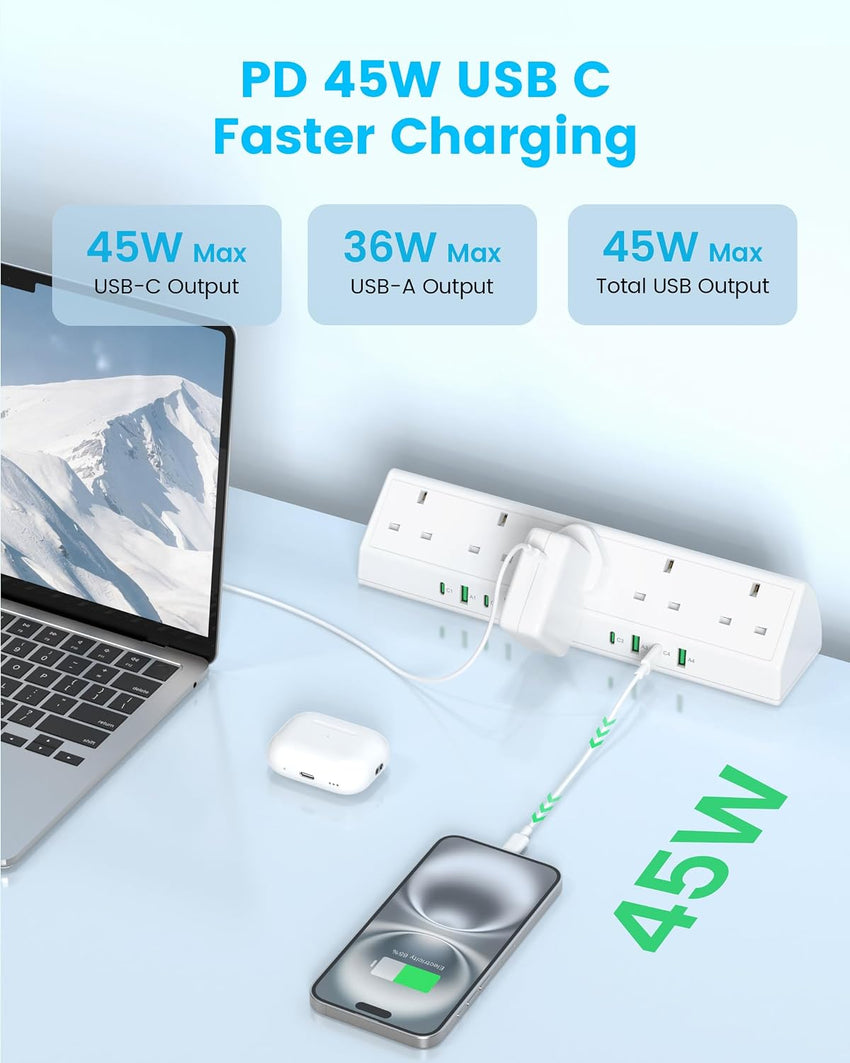 Desk Clamp Power Socket 45W USB-C Extension Lead White
