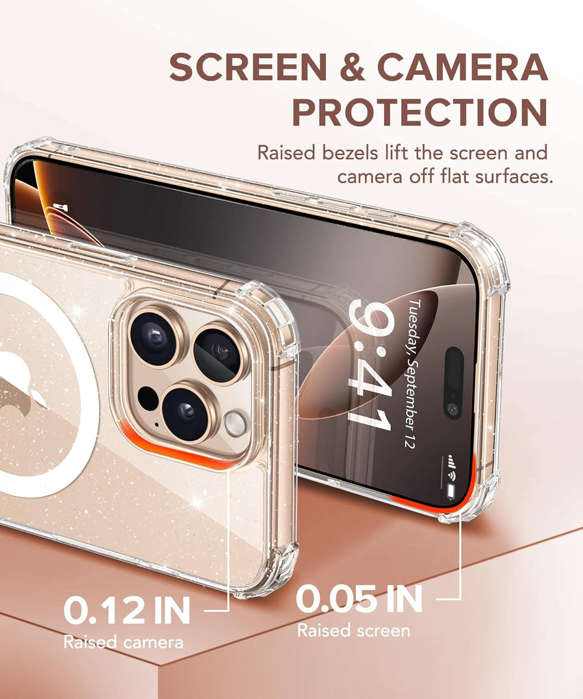 BERFY Magnetic Case for iPhone 16 Pro Max, [Compatible with Magsafe], with 2X Screen Protector + 2X Camera Lens Protector, Clear Sparkle Cute Shockproof Hard Phone Case for Women 6.9", Shiny Clear