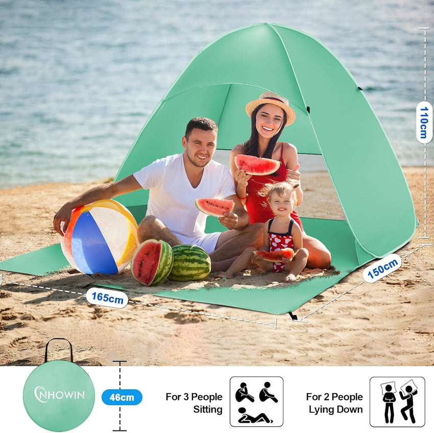 NHOWIN Pop Up Beach Tent for 2-3 Persons, 2025 Upgraded Windproof Pop Up Tent with 4 Wind Ropes & 8 Nails, 50+ UV Sun Protection Beach Shelter Portable & Easy Set Up Sun Shade for Park Garden Picnic
