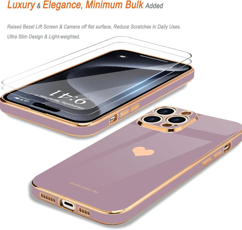 Teageo for iPhone 15 Pro Max Case Girl Women Cute Girly Love-Heart,Lavender | with Screen Protector [2 Pack] Luxury Gold Soft Cover Camera Protection Silicone Shockproof Phone Case iPhone 15 Pro Max