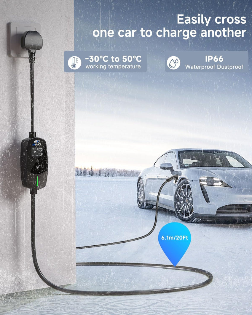 EV Charger Cable Type 2 to 3 Pin Plug 10m Adjustable Current Portable Charger â Black