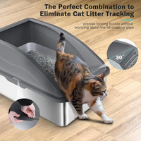 FURTIME Stainless Steel Cat Litter Tray Grey with Detachable Enclosure, 31cm High Sided Cat Litter Box Anti-Spillage and 60cm Extra Large Litter Tray with Lid for All Cats, with Litter Scoop & Mat