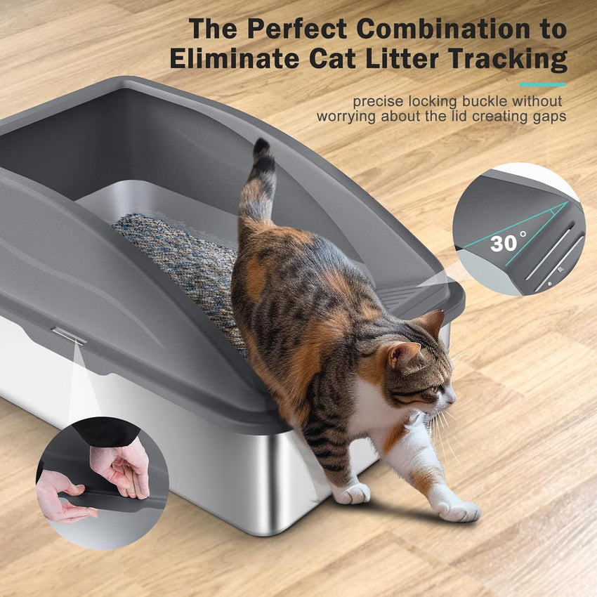 FURTIME Stainless Steel Cat Litter Tray Grey with Detachable Enclosure, 31cm High Sided Cat Litter Box Anti-Spillage and 60cm Extra Large Litter Tray with Lid for All Cats, with Litter Scoop & Mat