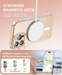 BERFY Magnetic Case for iPhone 16 Pro Max, [Compatible with Magsafe], with 2X Screen Protector + 2X Camera Lens Protector, Clear Sparkle Cute Shockproof Hard Phone Case for Women 6.9", Shiny Clear