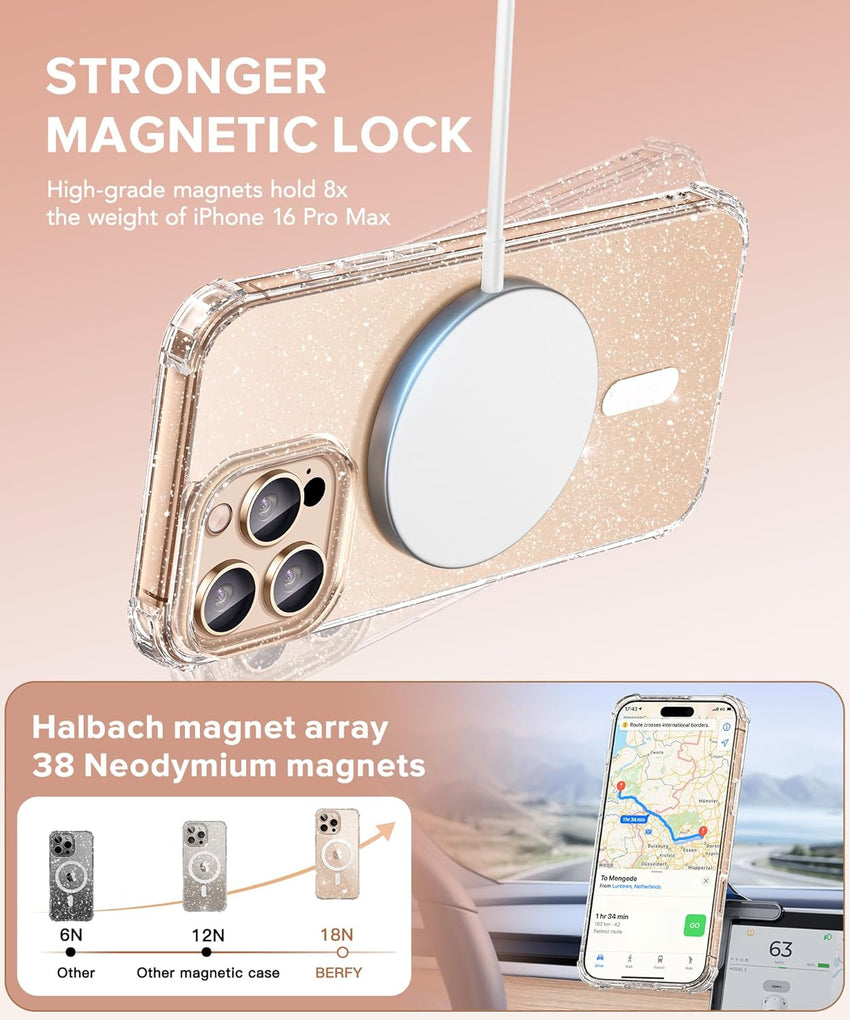 BERFY Magnetic Case for iPhone 16 Pro Max, [Compatible with Magsafe], with 2X Screen Protector + 2X Camera Lens Protector, Clear Sparkle Cute Shockproof Hard Phone Case for Women 6.9", Shiny Clear