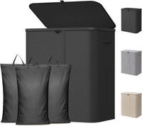 Laundry Basket 3-Compartment 165L Plastic Frame Foldable with Lid Black
