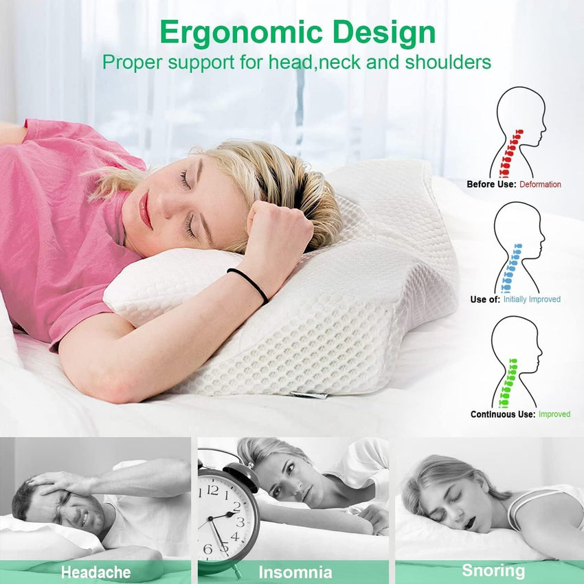Elviros Cervical Contour Memory Foam Pillow for Neck Pain Orthopedic Neck Pillow for Shoulder Pain Ergonomic Head Neck Support Pillow for Side/Back/Stomach Sleepers with Removable Cover (Blue)
