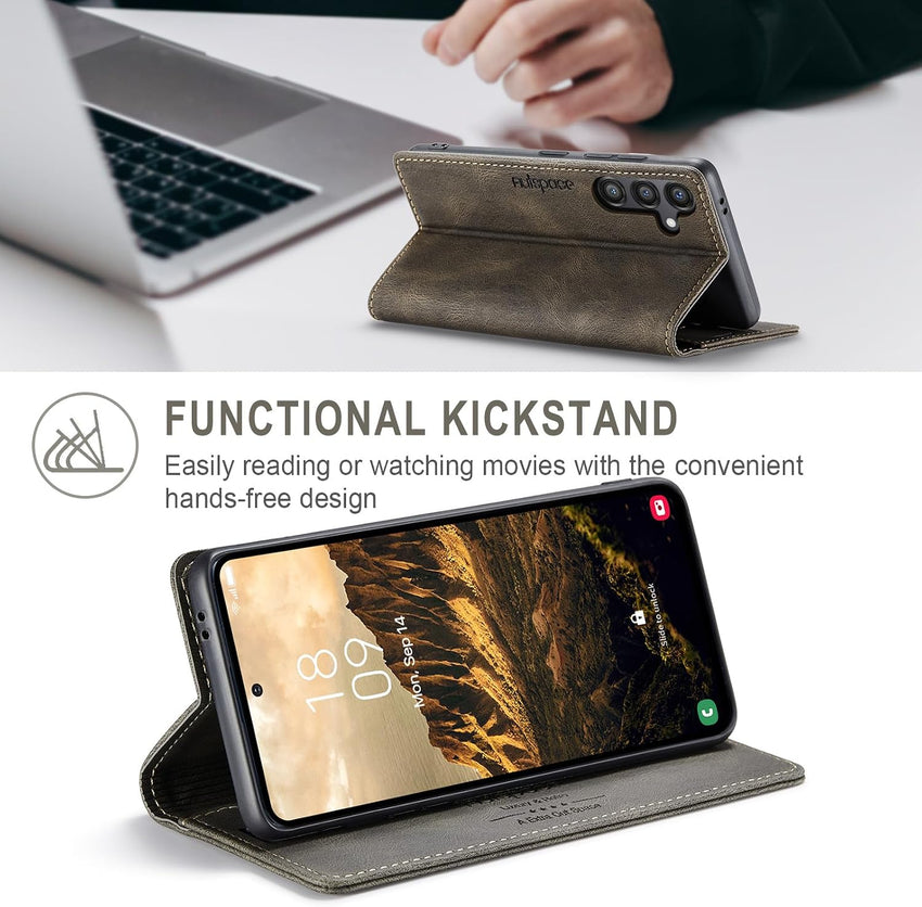 LOLFZ Wallet Case for Samsung Galaxy S24 Plus 5G, Magnetic Flip Leather Case with RFID Block Card Slots Kickstand Shockproof Protective Cover Compatible with Galaxy S24 Plus 5G - Coffee Brown