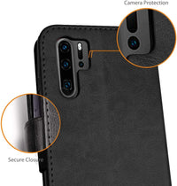 TECHGEAR Compatible with Huawei P30 Pro Leather Wallet Case, Flip Protective Case Cover with Card Slots, Kickstand and Wrist Strap - Black PU Leather fit Huawei P30 Pro