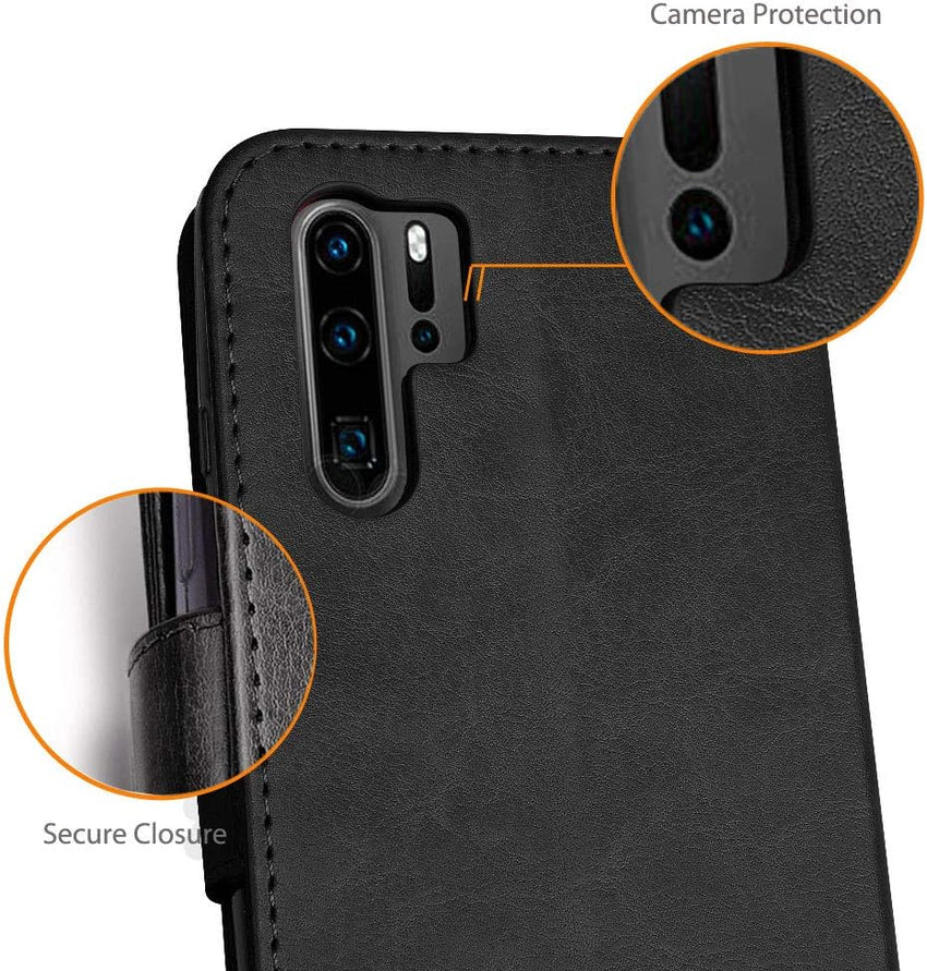TECHGEAR Compatible with Huawei P30 Pro Leather Wallet Case, Flip Protective Case Cover with Card Slots, Kickstand and Wrist Strap - Black PU Leather fit Huawei P30 Pro