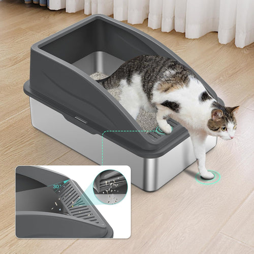 FURTIME Stainless Steel Cat Litter Tray Grey with Detachable Enclosure, 31cm High Sided Cat Litter Box Anti-Spillage and 60cm Extra Large Litter Tray with Lid for All Cats, with Litter Scoop & Mat