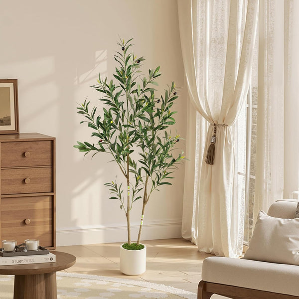 Alupssuc 5FT Olive Tree Artificial, Faux Olive Tree with White Pot, Fake Olive Tree Indoor Outdoor with Natural Wood Trunk & Lifelike Fruits, Perfect for Modern Home Office Living Room Floor Decor