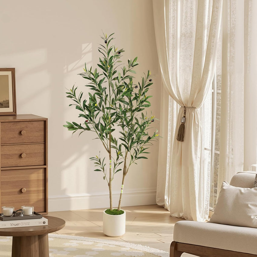 Alupssuc 5FT Olive Tree Artificial, Faux Olive Tree with White Pot, Fake Olive Tree Indoor Outdoor with Natural Wood Trunk & Lifelike Fruits, Perfect for Modern Home Office Living Room Floor Decor
