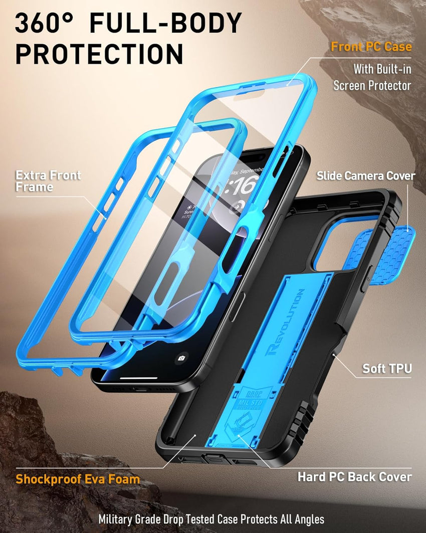 Poetic Revolution Case for iPhone 16 Pro Max 6.9 inch, [Slide Camera Cover], Full-Body Military Grade Rugged Shockproof Cover Broken KickstandLight Blue