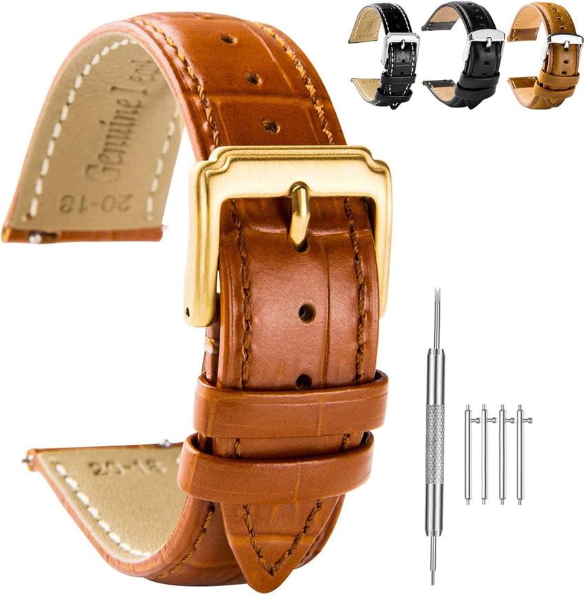 Spolife Leather Watch Straps for Men, Genuine Leather Watch Straps With Stainless Buckle,Quick Release Watch Strap, Replacement Watchbands 16mm 18mm 19mm 20mm 22mm(Watch Strap Pins,Watch Strap Tool)