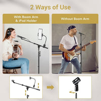 TONOR Microphone Stand with Tablet Holder, Tripod Boom Arm for Floor, Adjustable Height and Angle, Heavy Duty Stand with Carrying Bag, Phone and iPad Clamp, Compatible with Blue Yeti, T35