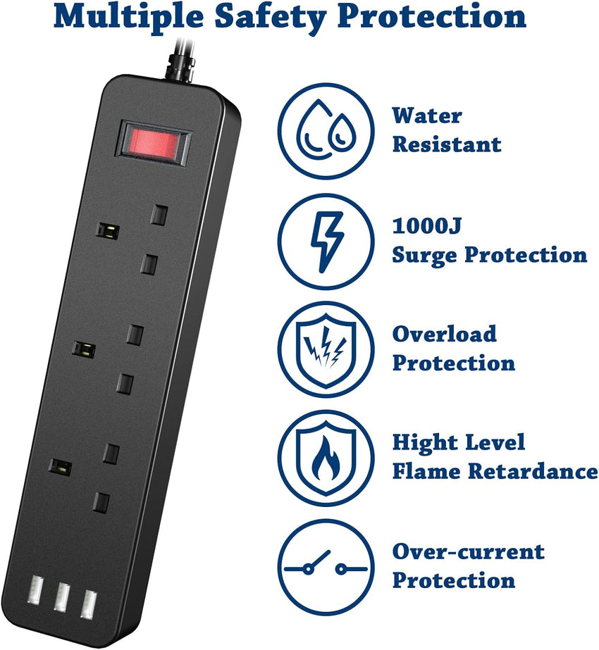 Waterproof Outdoor Power Strip 3-Outlet Surge Protector with USB 1.8m Cable â Black