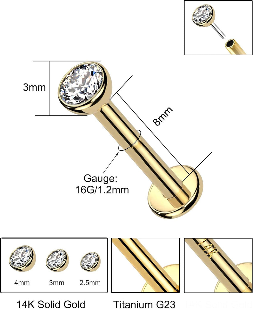 14K Gold Opal Helix Piercing 16G Threadless Labret Bar 3mm CZ Conch Stud Opal S