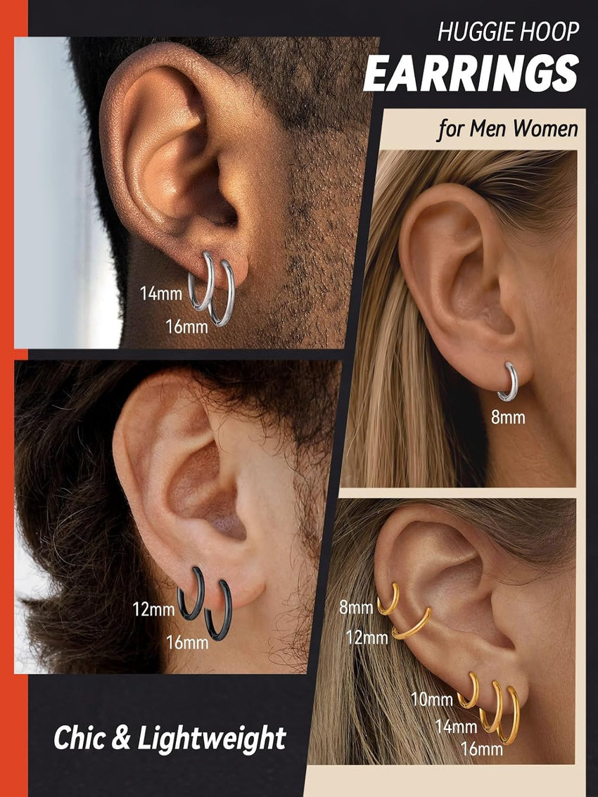 Mens Small Hoop Earrings Stainless Steel Minimal 12mm Black