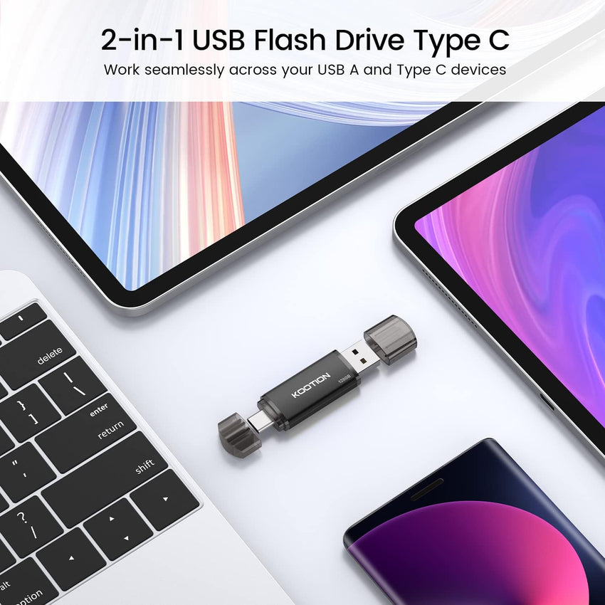 KOOTION 2-in-1 Dual USB A & C OTG Flash Drive - 128 GB for Android, Tablet, Laptop (Black)