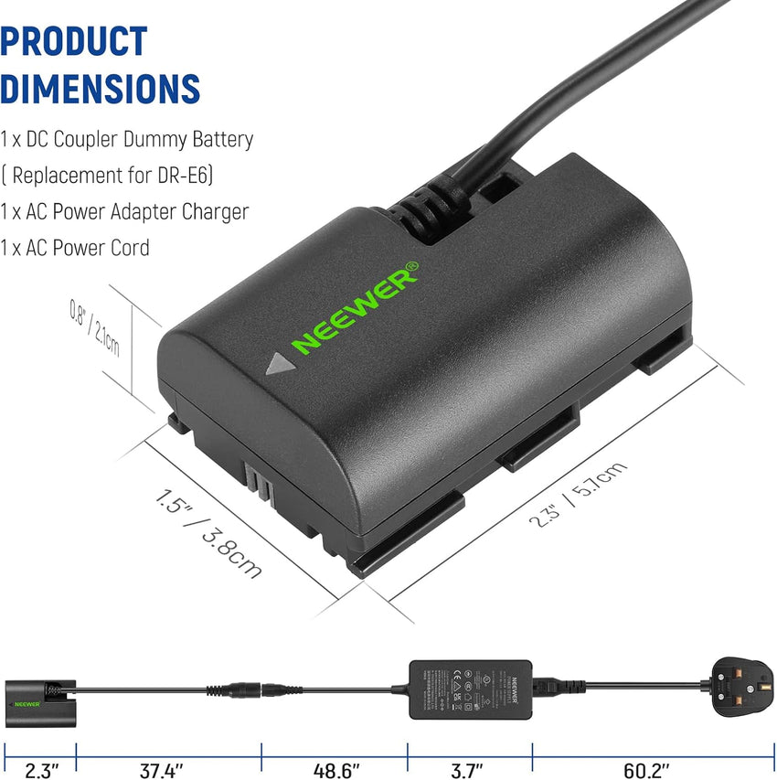 NEEWER Dummy Battery Replacement for LP-E6 LP-E6N LP-E6NH with DC Coupler and AC Power Adapter Compatible with Canon EOS R Ra R5 R5C R6 R6II R7 5D 6D 7D Mark II/III/IV 5DS 5DSR 60D 70D 80D 90D