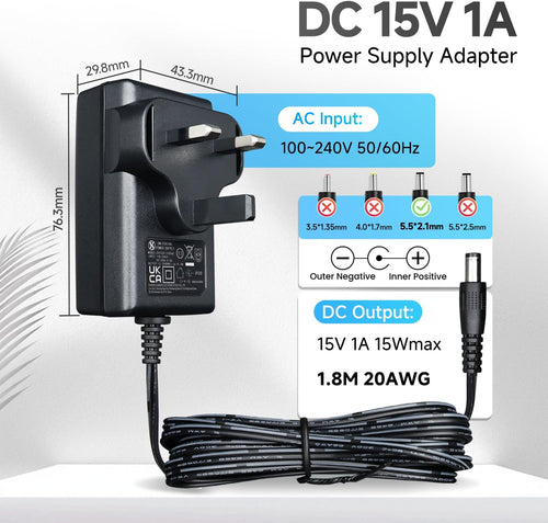 ANLINK 15V 1A/1000mA 1.8M Long Power Supply Adapter, AC 100-240V to DC 15V 1A Switching Adapter 5.5x2.1mm Wall Plug with 3 Tips for Cat Open Air Self Cleaning,Jump Starter and More, UKCA Certified