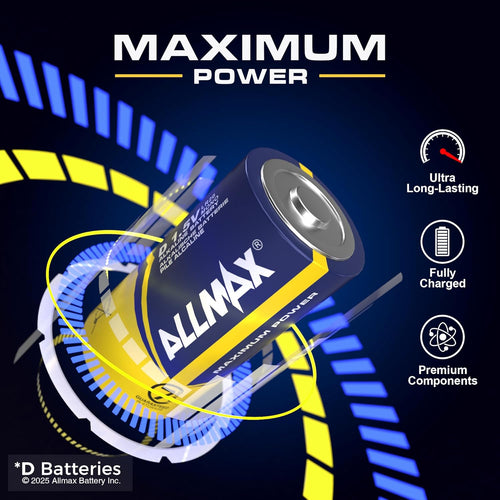 Allmax D (LR20) Maximum Power Alkaline Batteries (12 Count) - Ultra Long-Lasting, Leakproof Design, 7-Year Shelf Life, Maximum Performance (1.5V)