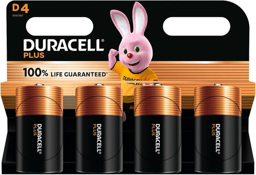 Duracell Plus D Batteries (4 Pack) - Alkaline 1.5V - 100% Life Guaranteed - Reliability For Everyday Devices - 0% Plastic Packaging - 10-Year Storage - LR20 MN1300
