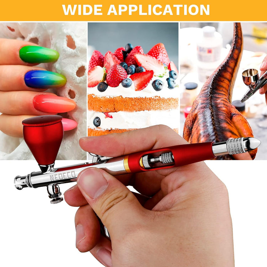 NEOECO SJ83 Airbrush, Self-Centring Plug-in Nozzleï¼0.2, 0.3 & 0.5mm Nozzle Sets and 1/3 oz Cup, Dual-Action Gravity Feed Airbrush with 1/3 oz,2/3 oz,4/3 oz Replacement Cups (RED)