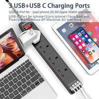 POWSAF Extension Lead with 4 USB Slots (3.4A, 1C and 3A Ports),Power Strip Extension cord with 4 way plug extension Socket and 2M Extension Cable for Home Office Travel holiday essentials,Black