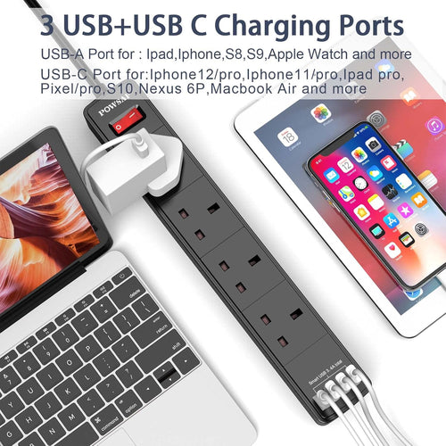 POWSAF Extension Lead with 4 USB Slots (3.4A, 1C and 3A Ports),Power Strip Extension cord with 4 way plug extension Socket and 2M Extension Cable for Home Office Travel holiday essentials,Black