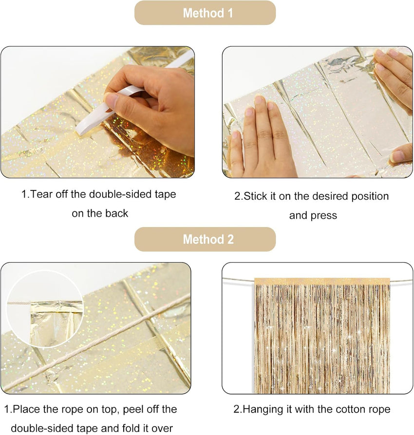 G2PLUS Champagne Gold Glitter Foil Curtains, 2PCS Metallic Tinsel Foil Fringe, 1mÃ2.5m Party Backdrop Streamers for Birthday Wedding Prom Decoration