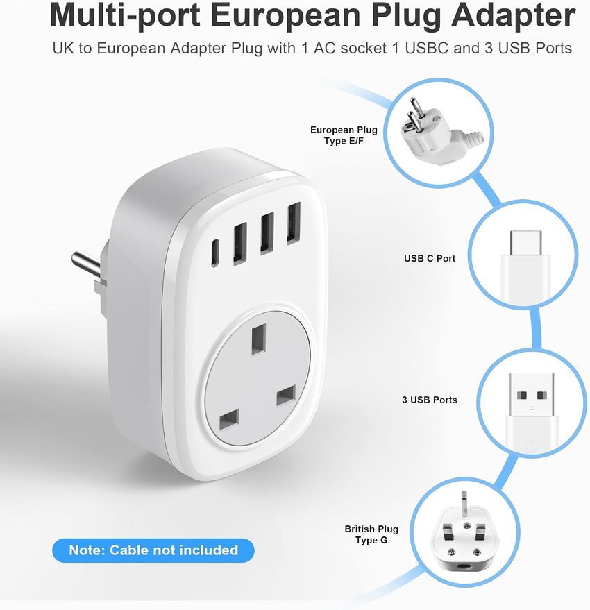 UK to European Plug Adaptor - UK to EU Plug Adapter Euro Europe European Schuko USB C Travel Charger with USBC Type C for France Germany Spain Turkey Greece Poland Iceland Russia (Type E/F) Tusreda