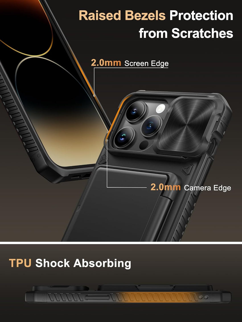 Vihibii for iPhone 14 Pro Max Case with Card Holder (4 Cards) [RFID Blocking] & Slide Camera Cover, Military Grade Drop Protection, Rugged Hard Back & Silicone Edge Wallet Phone Case, 6.7" 2022, Black
