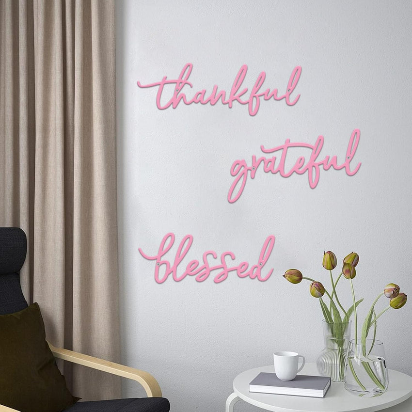 Metal Wall Sign Thankful Grateful Blessed 3-Piece Pink