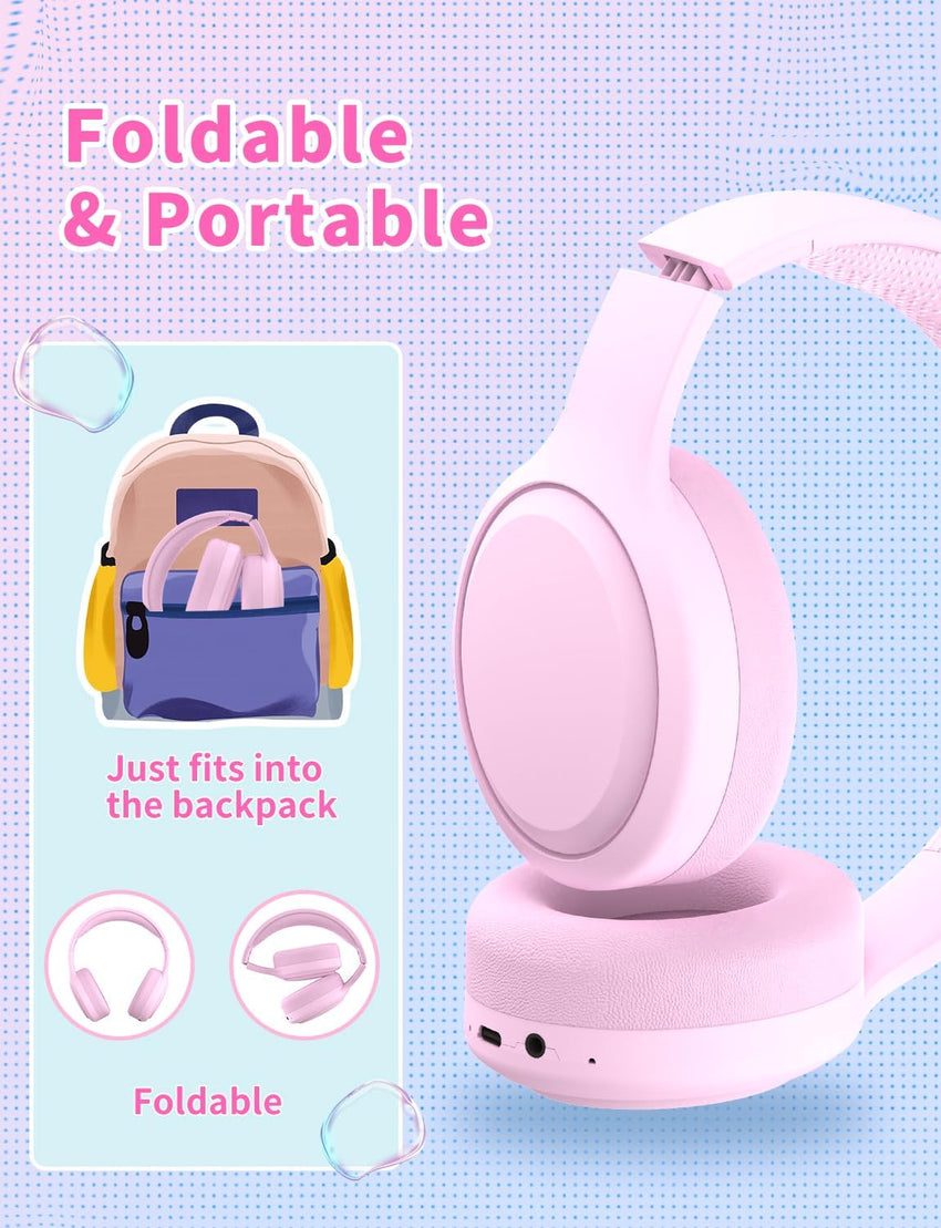 Xunpuls Kids Bluetooth Headphones,Foldable On Ear Wireless Headphone,Stereo Sound with MIC,10H Playtime,Bluetooth 5.3,Kids Wireless Headphones Over Ear for Kid Adult School Online Class (Pink)