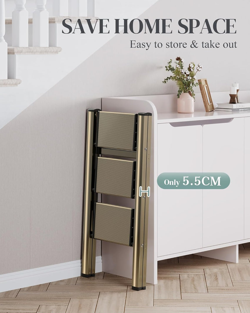 GameGem Folding Step Ladder with Anti-Slip Wide Pedal Ã¢ÂÂ Lightweight Aluminium, Champagne Gold