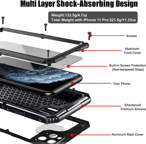 Beeasy iPhone 11 Pro Case Black, Shockproof Tough Heavy Duty, with Built-in Screen Protector 360 Degree Full Body Military Protective, Drop Proof Metal Cover for Outdoor Sport
