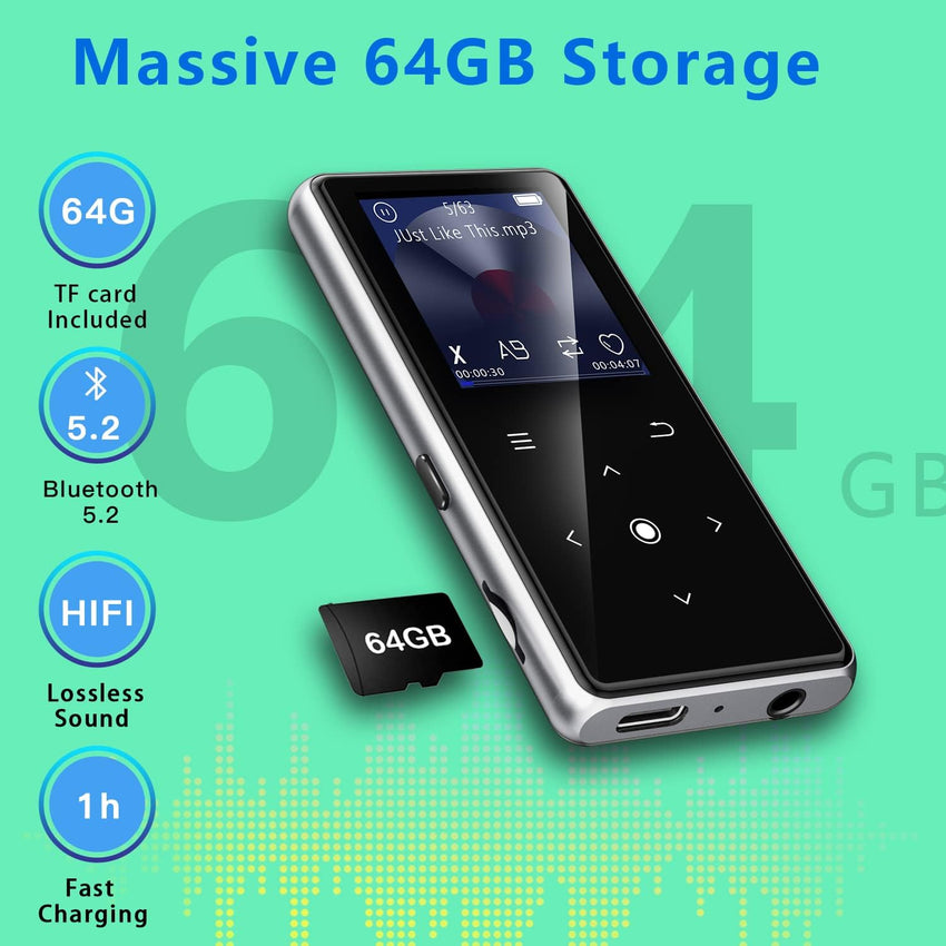 64GB MP3 Player with Bluetooth 5.2, AiMoonsa Music Player with Built-in HD Speaker, FM Radio, Voice Recorder, HiFi Sound, E-Book Function, Earphones Included