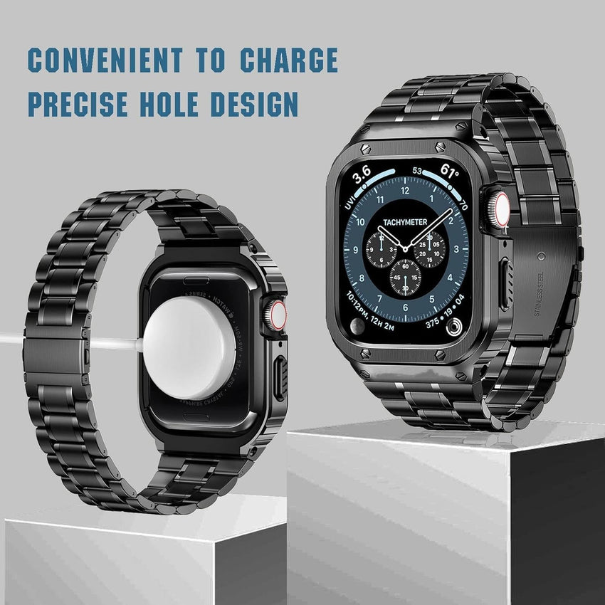 MioHHR Stainless Steel Watch Band with Case Compatible with Apple Watch Series 10 42mm,Rugged Strap with Metal Protective Bumper Cover for iWatch Band Men(Black)